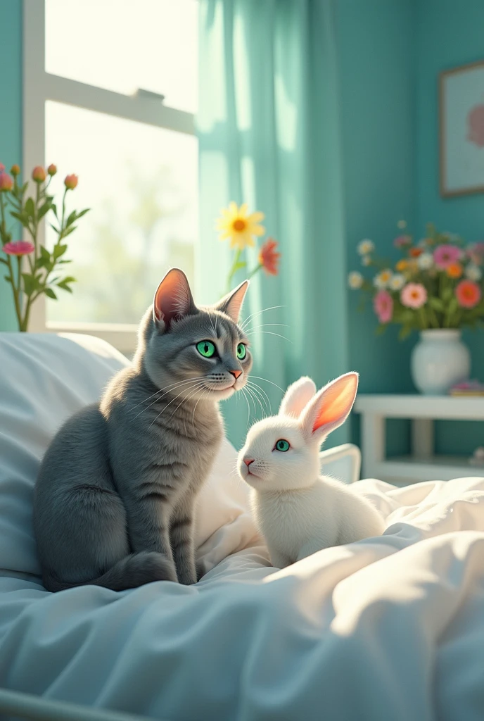 Make a gray cat with green eyes and a white rabbit with green eyes. The rabbit is in the hospital in a coma