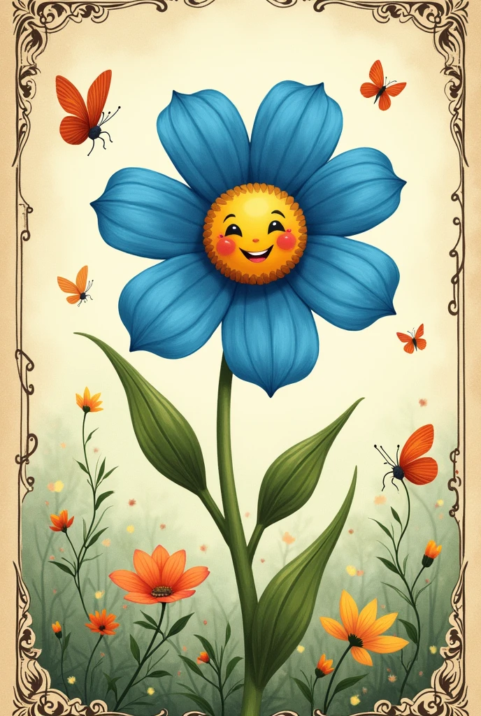 An illustration of a flower with blue petals and a happy face, book styles , vintage illustration