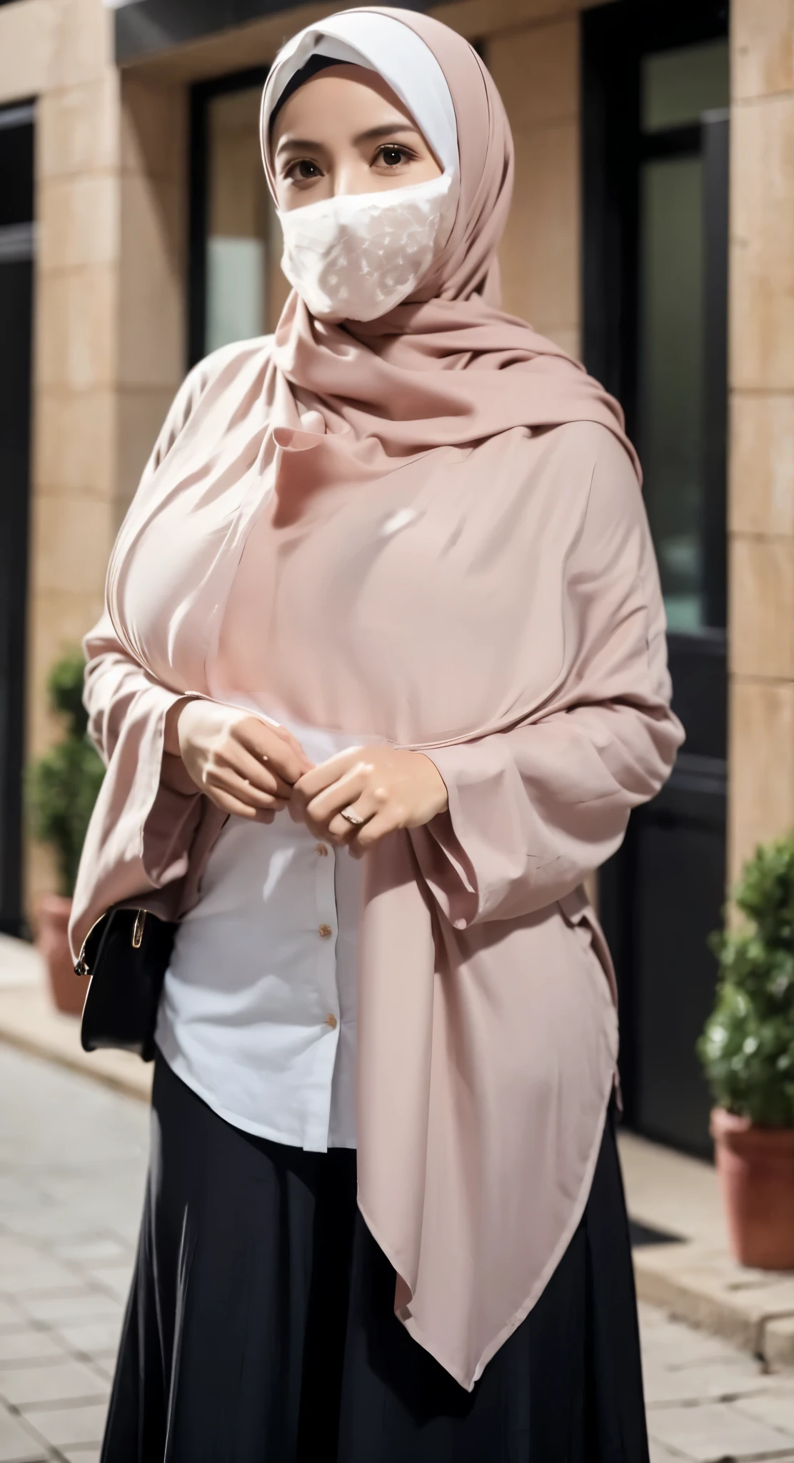 50 years Old, Hijab Indonesian mature woman, Big Tits : 66.9, Gamis, Breast out from her clothes : 1.9, at doctor office, Dark light, at Nighttime