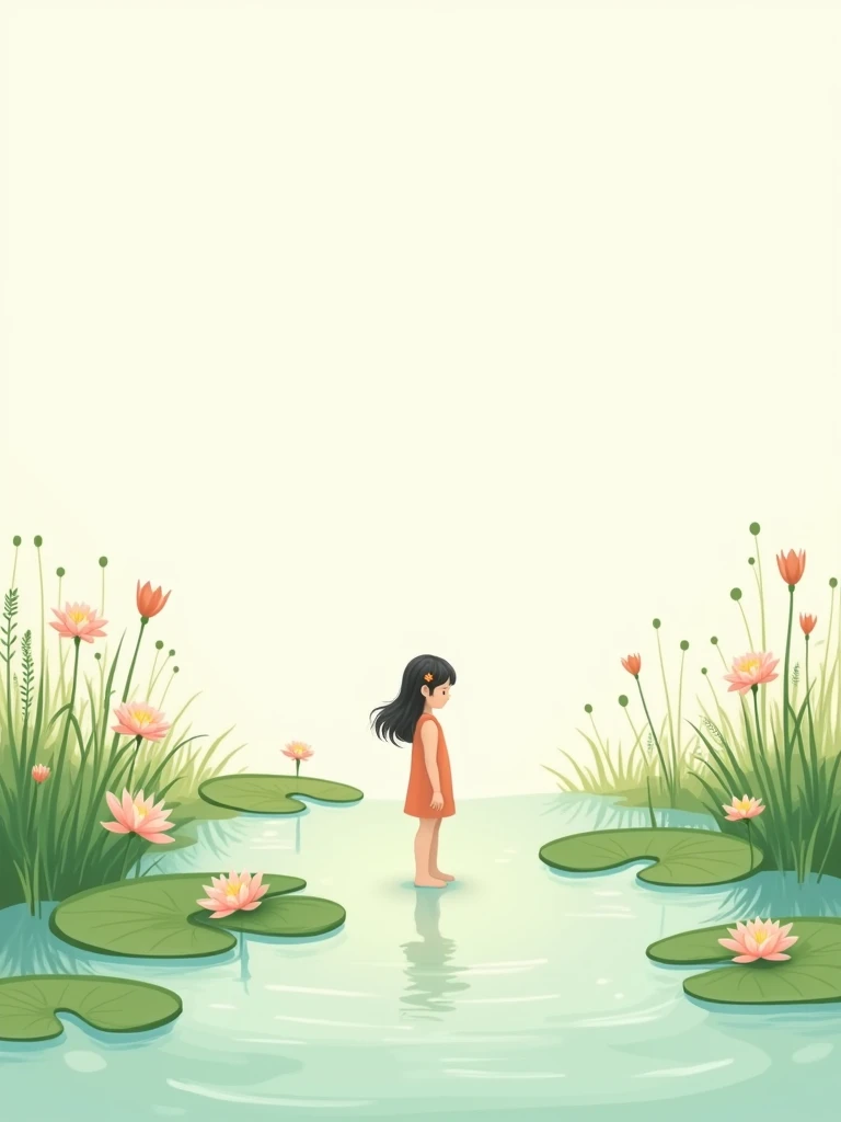 Off-white background, a standing on the edge of a pond surrounded by water lilies and flowers, off-white background, light green color scheme, children's book illustration style, flat painting style, lots of white space, minimalism, ultra HD