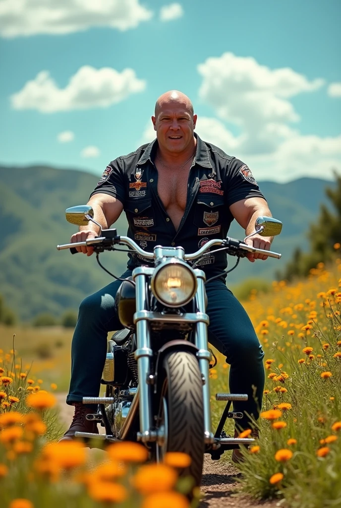vue arrière du corps entier d'a man bodybuilder barbu musclé now in sueur, undercut haircut, conduire vite sur une moto de sport, la moto penche vers l'interior of your virage. dans la montagne