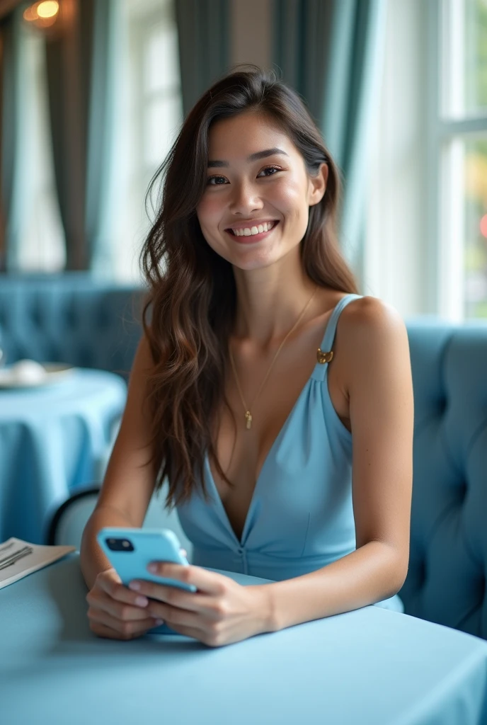 (masterpiece), (professional photo shoot), girl 20 years old, beautiful, Model appearance, smiling, happy, sitting at a table in a luxury restaurant, wearing a black evening dress, Interior of a restaurant in light blue tones, a blue tablecloth on the table, a phone in a blue case in the girl's hands, Light from the window illuminates the girl, light composition, the image of the girl takes up 1/3 parts of the image volume