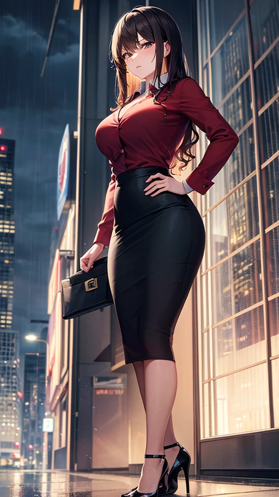 masterpiece, best quality, high detail, beautiful business woman, wavy hair, dark brown hair, business suit, ((red blouse)), ((black midi pencil skirt)), long black pencil skirt, ((black skirt)), heels, looking at viewer, hand on own hip, rainy backdrop, storm, clouds, city alley at night, 