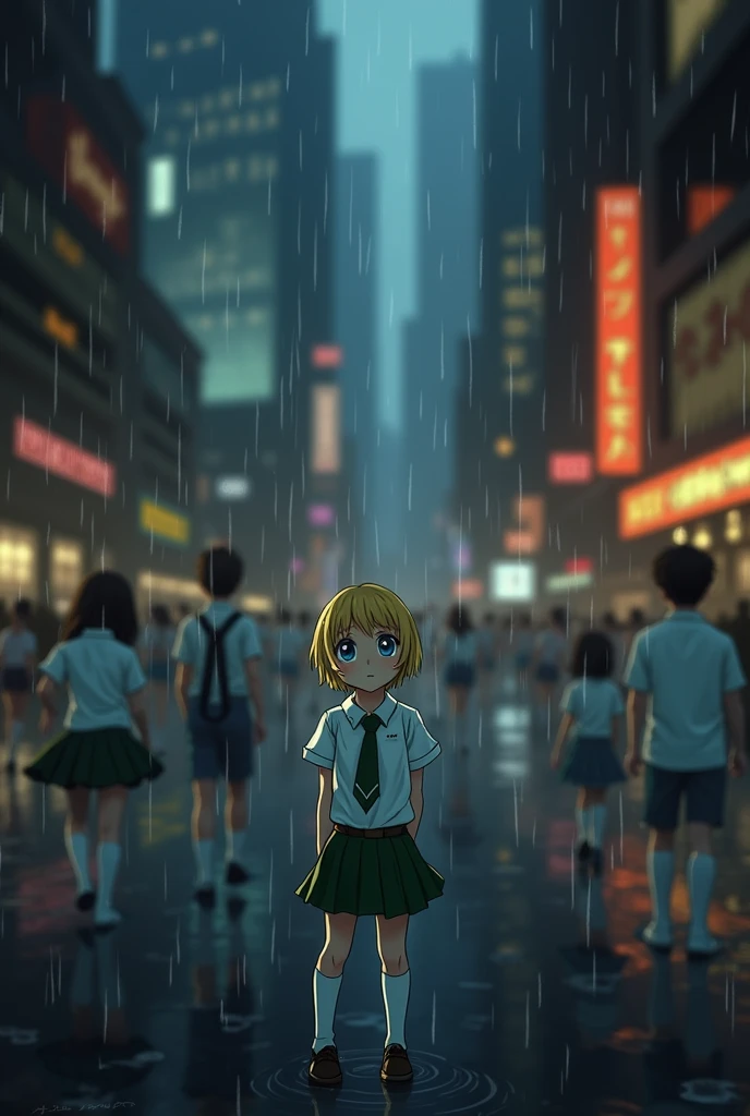 1girl, blond hair, short hair, blue eyes, white shirt, green tie, green skirt, city, rain, detailed background 