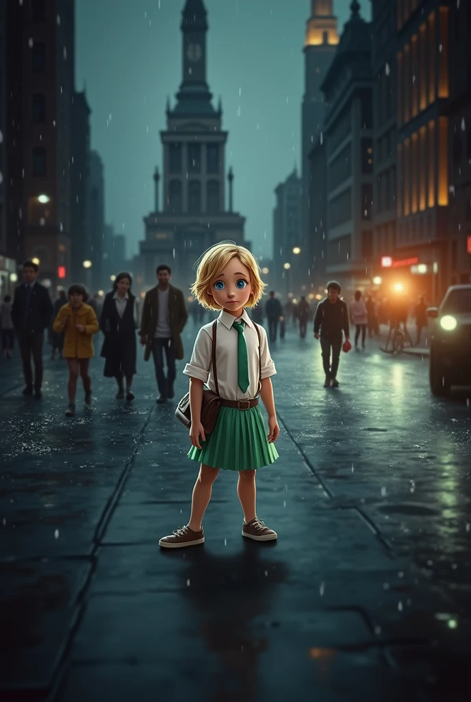 1girl, blond hair, short hair, blue eyes, white shirt, green tie, green skirt, city, rain, detailed background