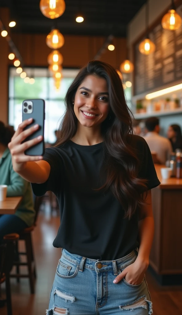 A indian girl with silky hair and big boobs wearing black tee's & torn jeans
At starbucks taking her selfie with her iphone14pro, show same girl with multiple posses in different dresses.