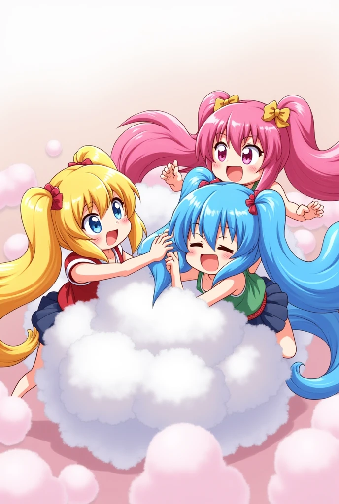 An anime-style illustration depicting three twin-tailed girls playfully wrestling with each other inside a comical fight cloud .
each girl has different colored hair: one with blonde twin tailes,another with pink twin tailes,and one with blue twin tailes.
their faces,hands,and feet are visible emerging from the cloud as they tussle humorously, with the rest of their bodies completely hidden inside the cloud.
the illustration emphasizes the humorous and energetic nature of their scuffle,with a fluffy andexaggerated fight cloud.