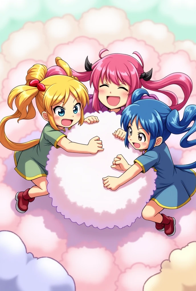 An anime-style illustration depicting three twin-tailed girls playfully wrestling with each other inside a comical fight cloud .
each girl has different colored hair: one with blonde twin tailes,another with pink twin tailes,and one with blue twin tailes.
their faces,hands,and feet are visible emerging from the cloud as they tussle humorously, with the rest of their bodies completely hidden inside the cloud.
the illustration emphasizes the humorous and energetic nature of their scuffle,with a fluffy andexaggerated fight cloud.