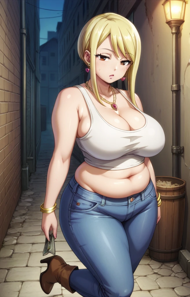 Lucy heartfhilia,Big breast,Plump,Curvy figure,Golden bracelet,Half open eyes,necklace,love shaped earring,plump,Tank top with cleavage and open navel,Hot pants,Tight Cleavage,Enchanced breast,Prostitute,Street alley,Enchanced big Breast,Heels Boots,Dark guild,Blonde hair,Detailed face