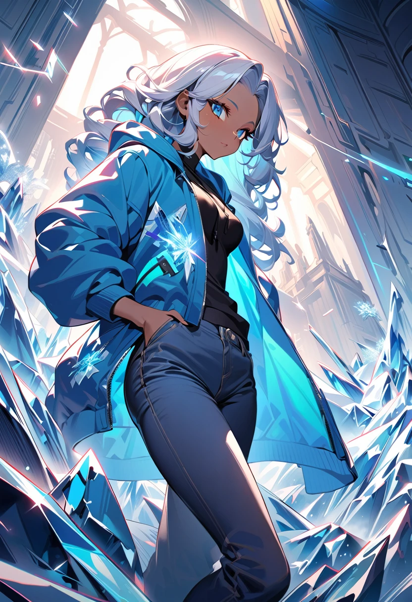 (masterpiece, best quality,ultra highres),a girl with long silver hair,wearing a jacket and pants,curly hair, afrofuturism,African American skin, girl fanart, she is wearing streetwear, digital illustration, ice psychic,ice force,girl in hoodie, Beautiful ice effects, ice crystals,