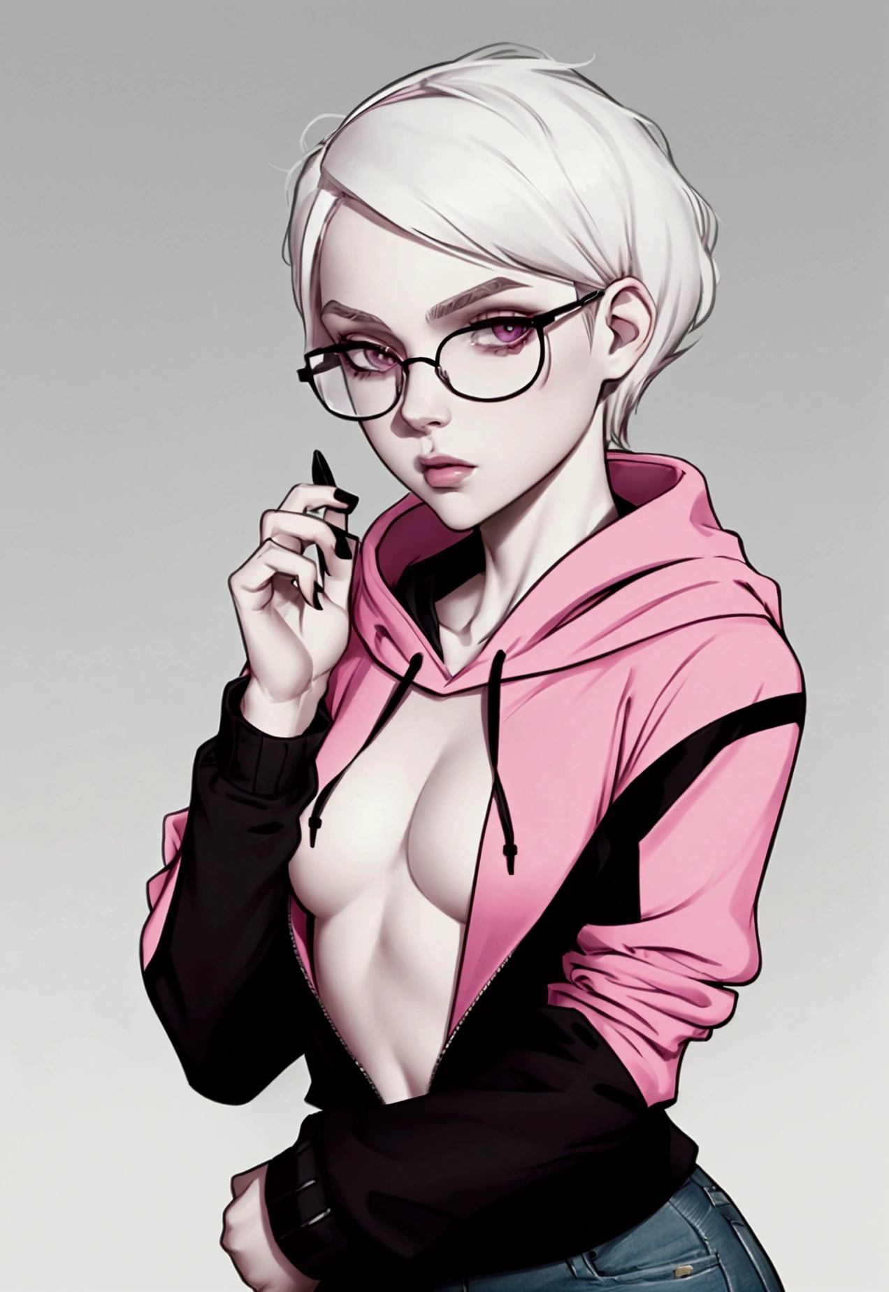 ((best quality))(more detailed)(best face)(best anatomy)(best hands)1 girl,short white hair, pale white skin, pink glasses with black frames, black hoodie, black jeans,Emilia, teenager, small breasts