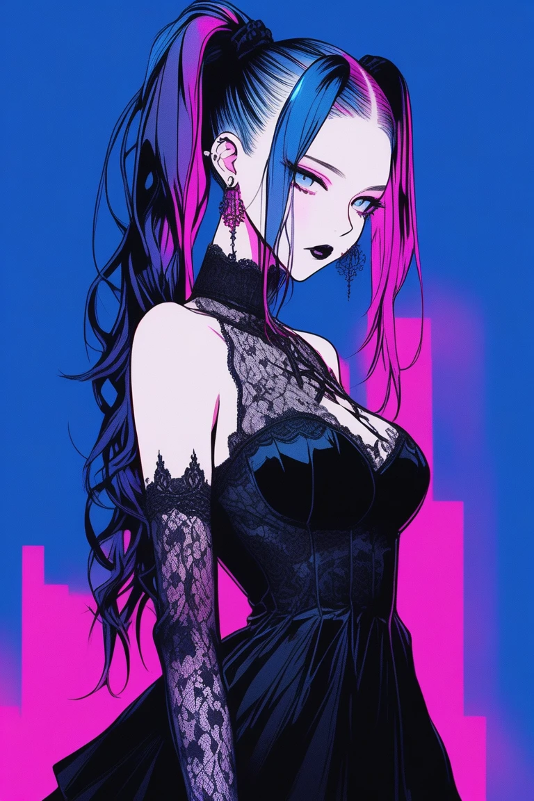 a girl, 1girl, long black hair, side swept bangs, dark purple eyes, black oversized shirt, no bottom, black choker on neck, torso grab, pov hands, neon palette, dark lighting, high contrast, cinematic, photorealistic, 8k, ultra-detailed, professional, masterpiece, hyperrealistic