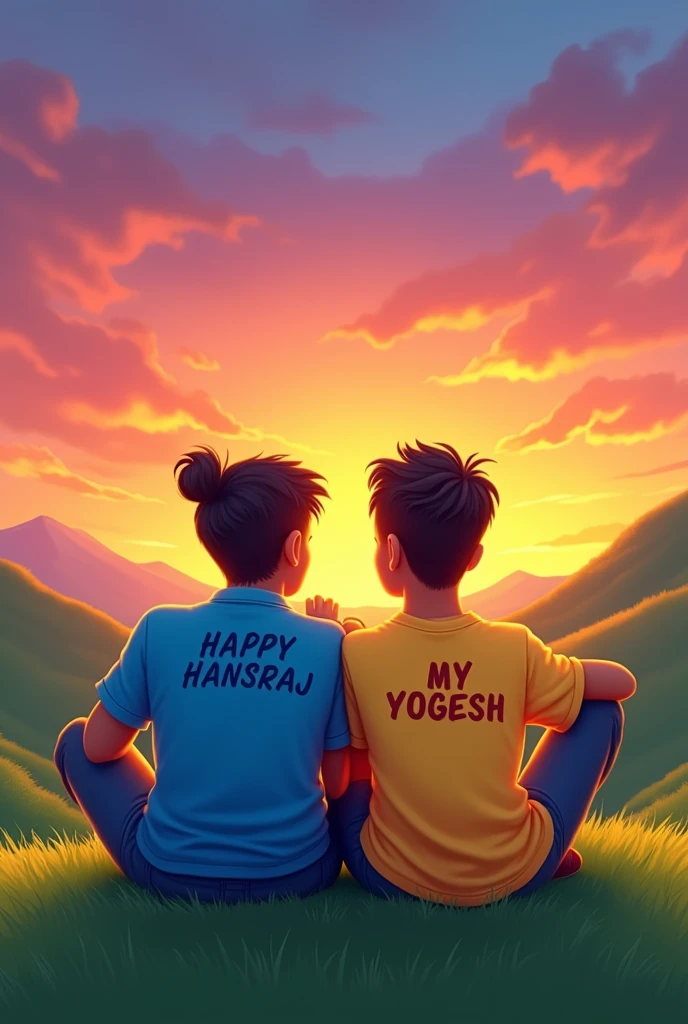 2 friends siting on the grass enjoying the view of sunset, one boy name "HANSRAJ" written on the shirt and another boy name "YOGESH" written on the t shirt 2d cartoon front side best friend text