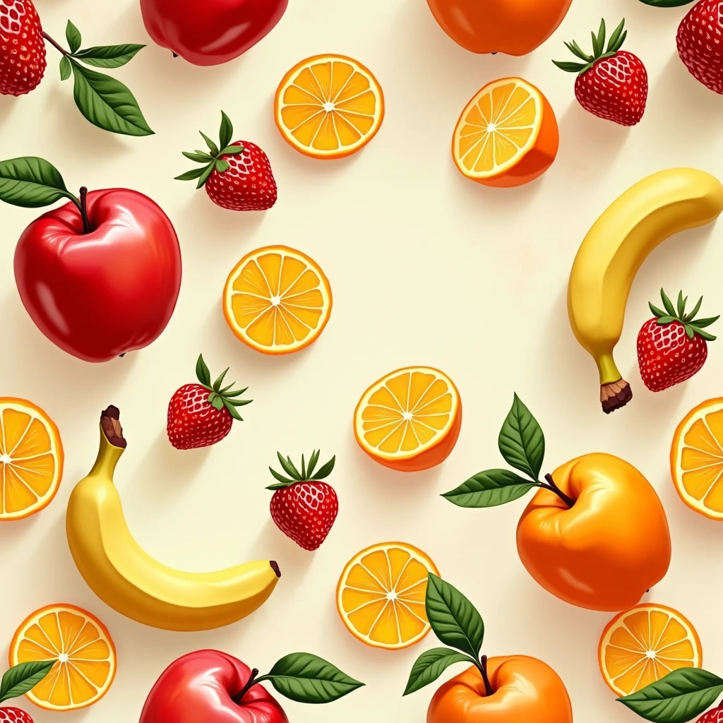 "Create a pattern design featuring various fruits like oranges, apples, bananas, and strawberries, arranged beautifully and colorfully. Use a light background to highlight the vibrancy of the fruits and look realistic."