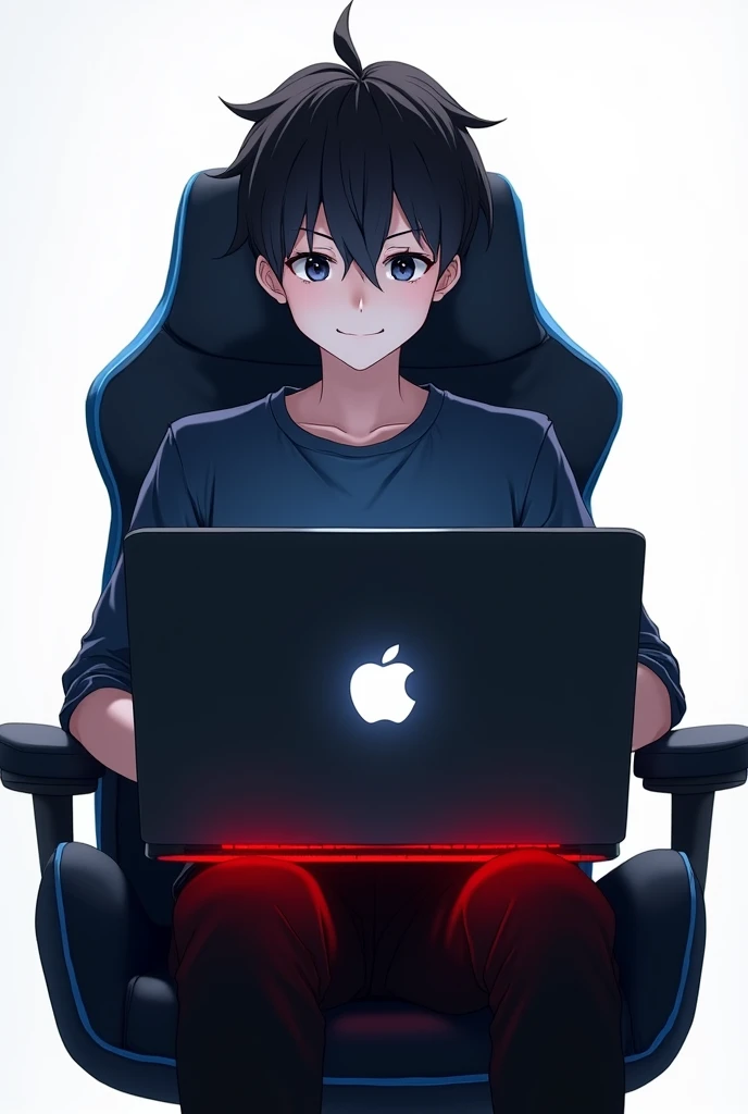 a most realistic anime-style image of a 16-year-old boy working on a blackish Apple laptop with a glowing red keyboard. He’s wearing a dark blue shirt, black pants, and sitting in a stylish black chair with blue borders. The boy is shown in front side with short stylish hair, white skin, and blackish eyes. He looks happy with a closed mouth, and the background is white.
the apple logo color is black and the border is lighten white.
