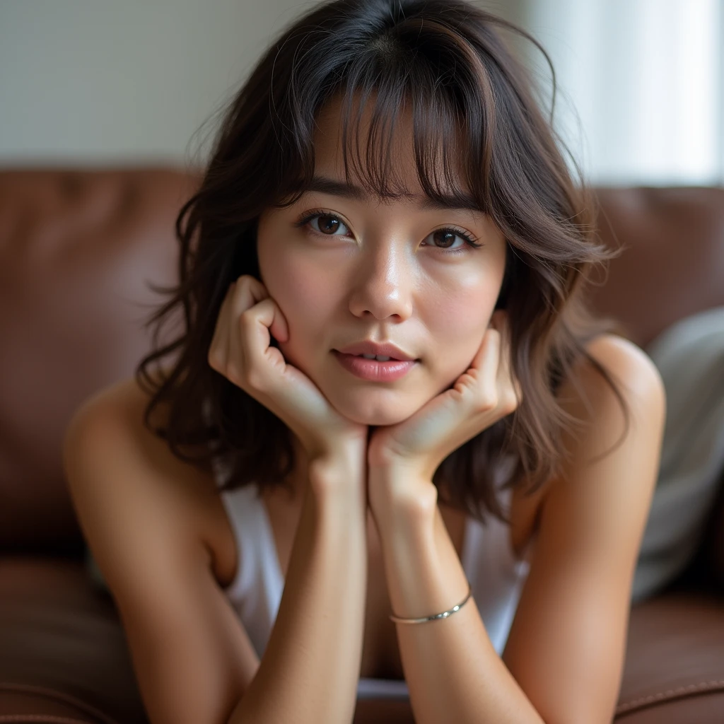 The image is a portrait of a young woman lying on a brown leather couch. She is wearing a white tank top and her hair is styled in loose waves with bangs. Her face is turned slightly to the side and she is looking directly at the camera with a serious expression. Her hand is resting on her chin and she has a slight smile on her lips. The background is blurred, but it appears to be a living room with a white wall and a window. The overall mood of the image is relaxed and contemplative.