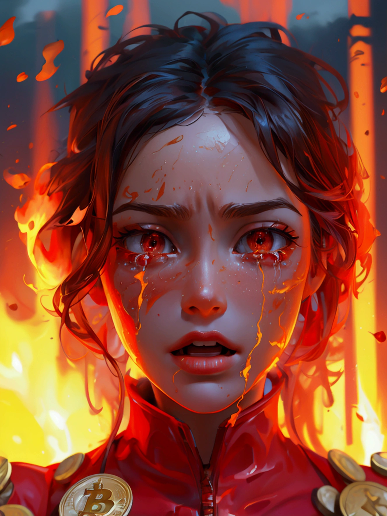 Woman of 40 years brunette, face of extrenamente scared looking up, being burned alive, tears in the eyes, hell scenario, fire, satan, demons torturing souls, BLOOMING BROWN EYES, HIGHLIGHT IN THE EYES, BRIGHT EYES, EXACT IMAGE --auto --s2