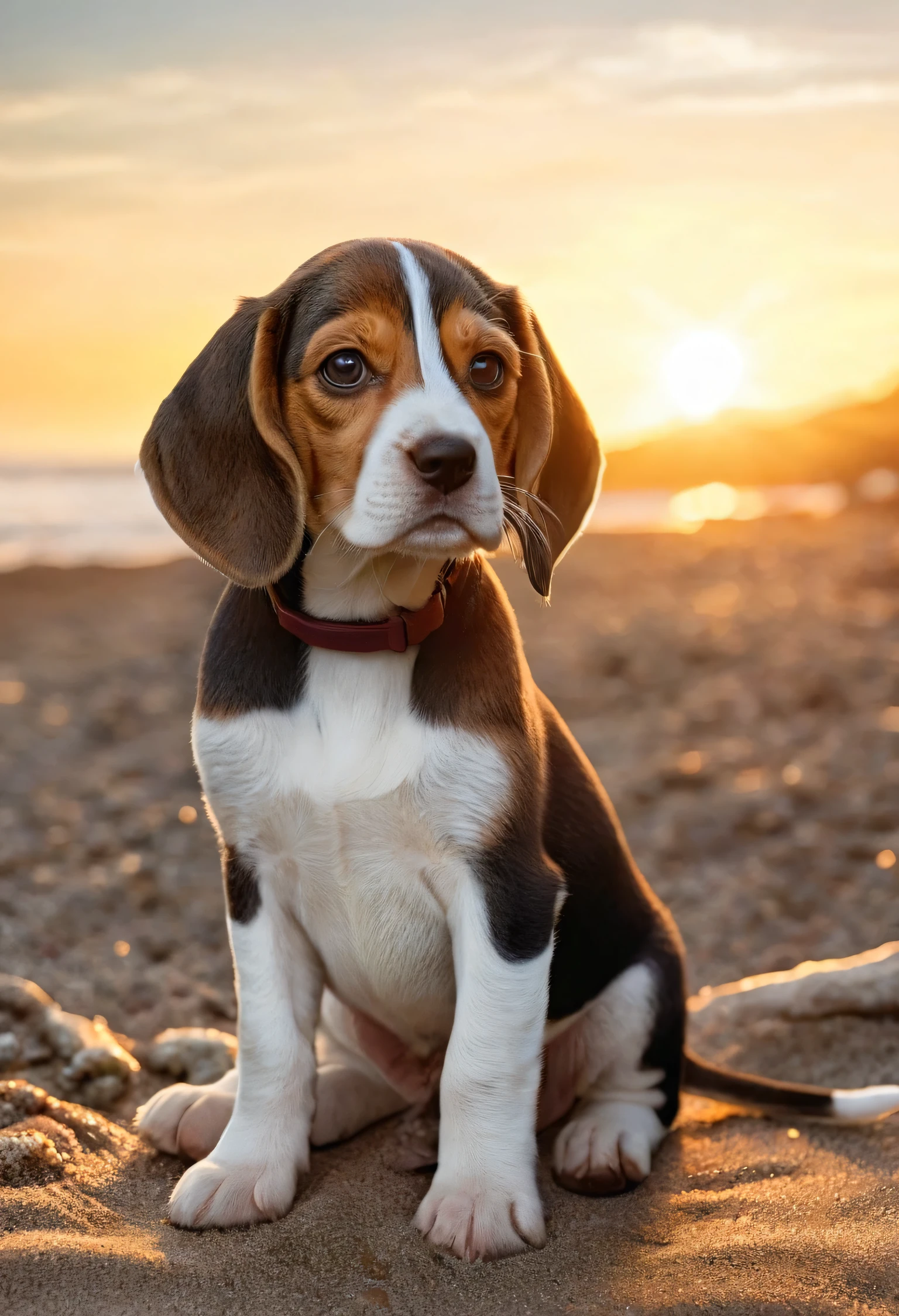 a highly detailed realistic image of a beagle puppy sitting on the beach shore at sunset