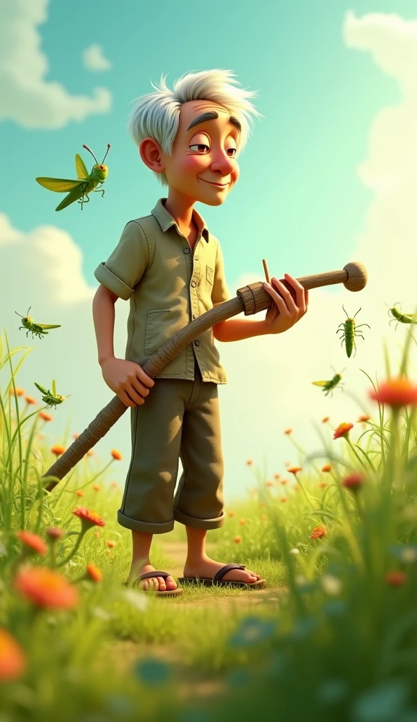 Uncle Tu is an elderly man, Lean with gray hair and tanned skin. He usually wears simple clothes like old shirts, Long pants and flip-flops. Catching Grasshoppers Tool
3D Animation