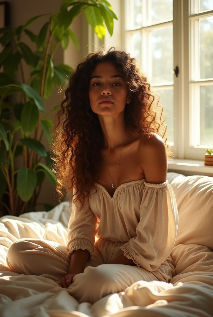 (photorealism:1.2), beautiful woman, sitting on bed, wearing loose off-shoulder top, pajama pants, long curly hair, indoors, soft lighting, plants in background, window with sunlight, cozy room, relaxed pose, realistic, intricate details, warm colors, by Greg Rutkowski, by Alphonse Mucha