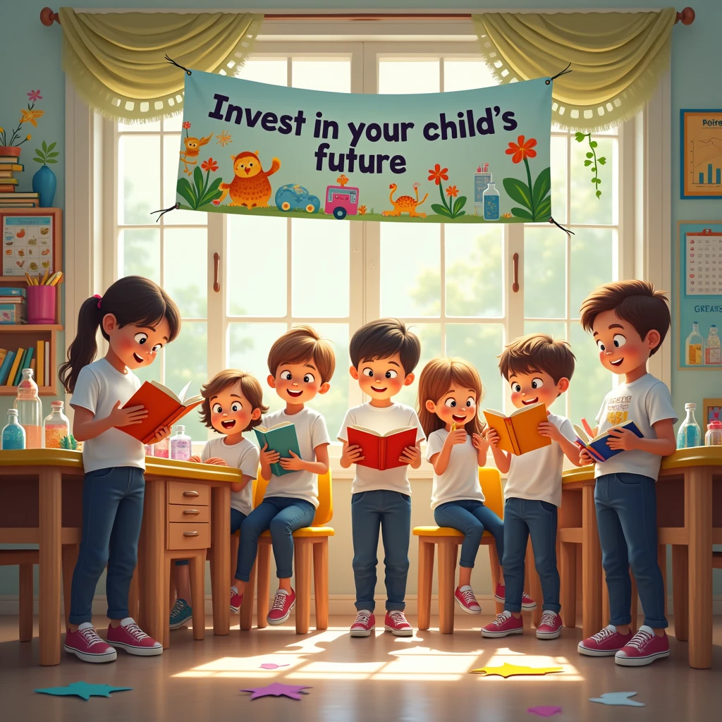 Create an inspiring and engaging image that conveys the idea of investing in children's futures. The image should represent a welcoming and positive educational environment. Include a vibrant classroom environment where 6--olds actively engaged in educational activities such as reading, science, or art. Add elements that suggest growth and the future, like books, globes, and progress charts. The text “Invest in your child’s future: registrations now open” should be prominently displayed, perhaps on a banner or poster, in a friendly, attractive font. Use vibrant colors and an upbeat atmosphere to convey a sense of excitement and opportunity. Children need to be in school uniform with a white t-shirt and navy blue pants. hyperrealistic image