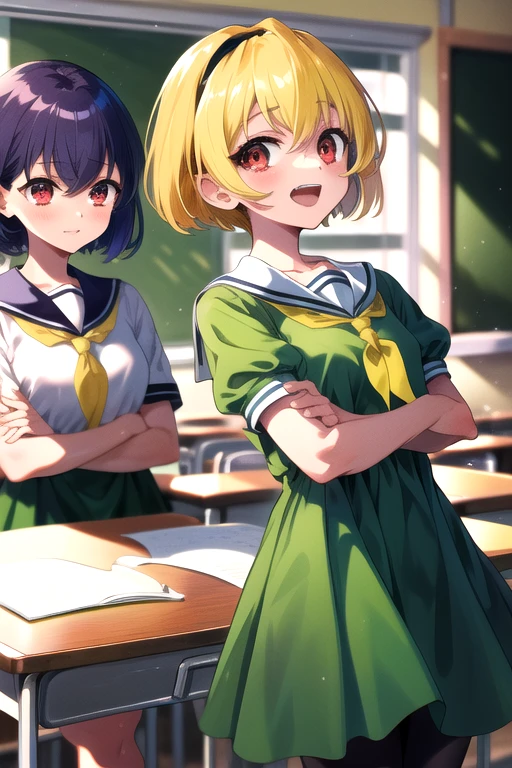 masterpiece,Highest quality,One person,Satoko Hojo,Blonde,short hair,hair band,Red eyes,tooth,Green Dress,White sailor collar,Yellow neckerchief,Short sleeve,Puff sleeves,Black Pantyhose,Flat Chest,Laughter,Are standing,Arms crossed,classroom,