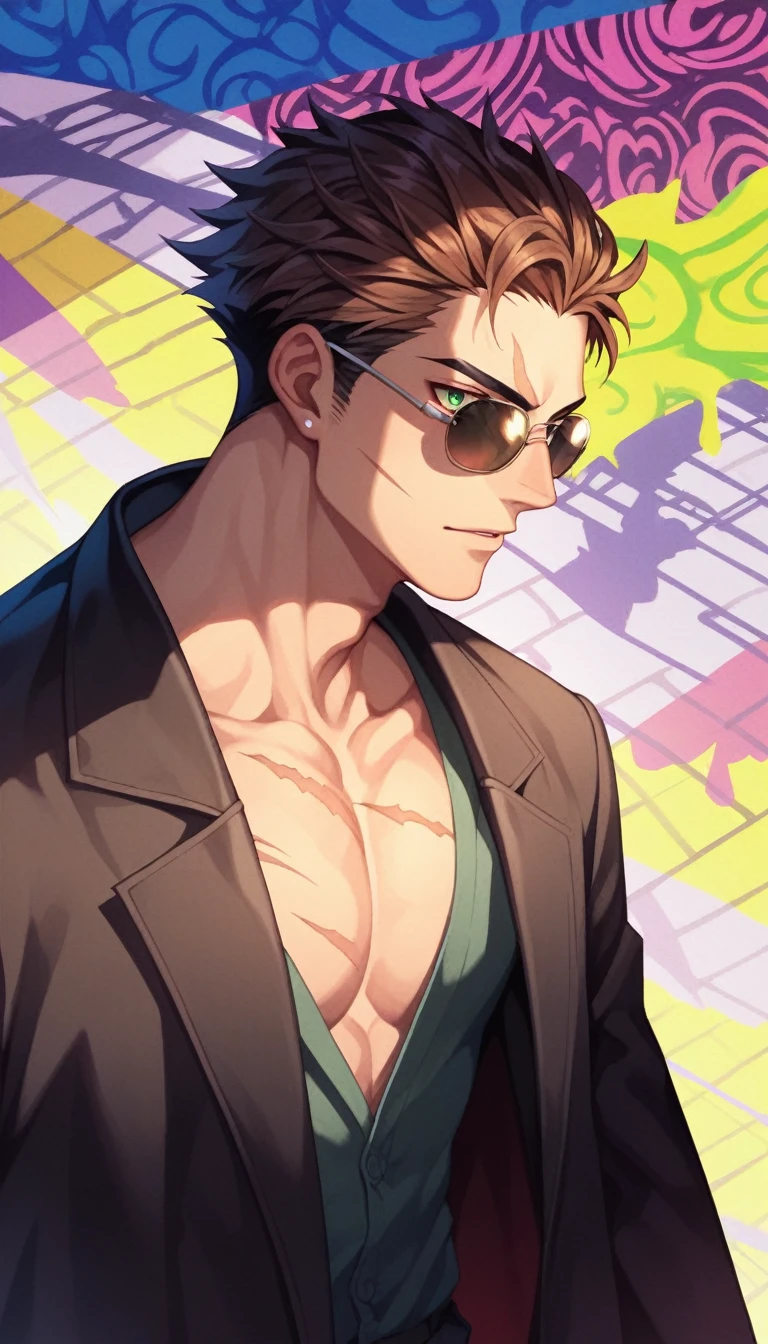 Anime Style, Yakuza, Japan Mafia, Scars on the face, male, Reddish brown hair, Green Eyes, Sharp Eyes, Short Hair, Calm. wise, Staggered sunglasses, Black ceremonial clothing, Neon purple graffiti background, Utopian City, Surrealism, Expressionism, Anime Style, Cast a Shadow, Film Grain, Vignetting, silhouette, 1080P, Anatomically correct