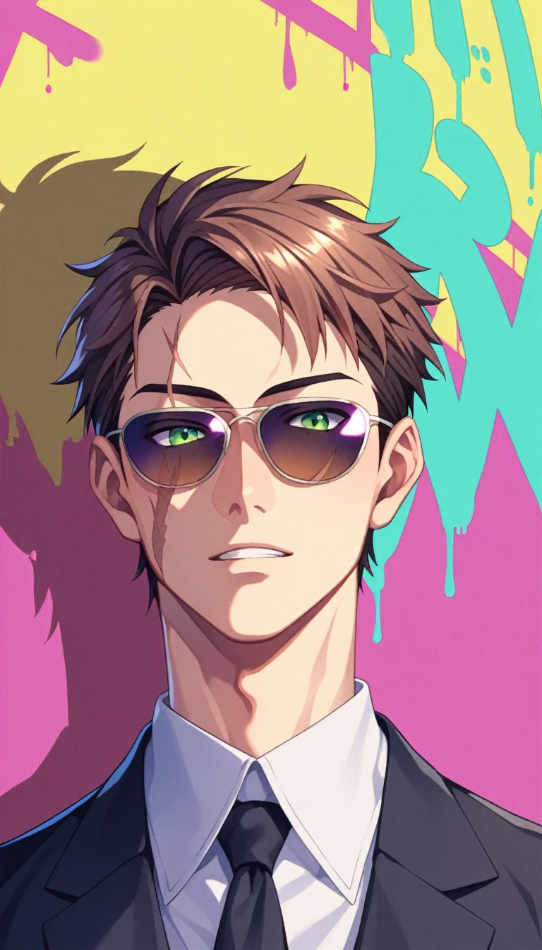 Anime Style, Yakuza, Japan Mafia, Scars on the face, male, Reddish brown hair, Green Eyes, Sharp Eyes, Short Hair, Calm. wise, Staggered sunglasses, Black ceremonial clothing, Neon purple graffiti background, Utopian City, Surrealism, Expressionism, Anime Style, Cast a Shadow, Film Grain, Vignetting, silhouette, 1080P, Anatomically correct