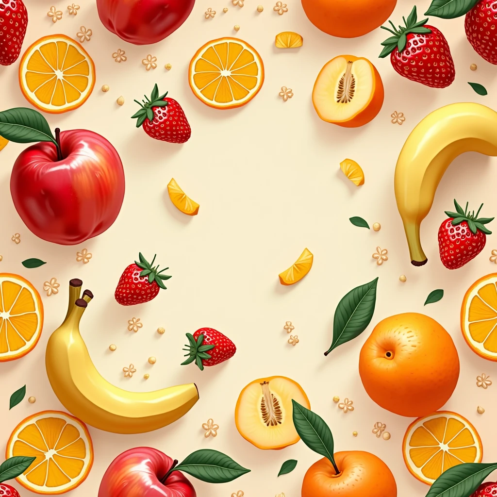 "Create a pattern design featuring various fruits like oranges, apples, bananas, and strawberries, arranged beautifully and colorfully. Use a light background to highlight the vibrancy of the fruits and look realistic."