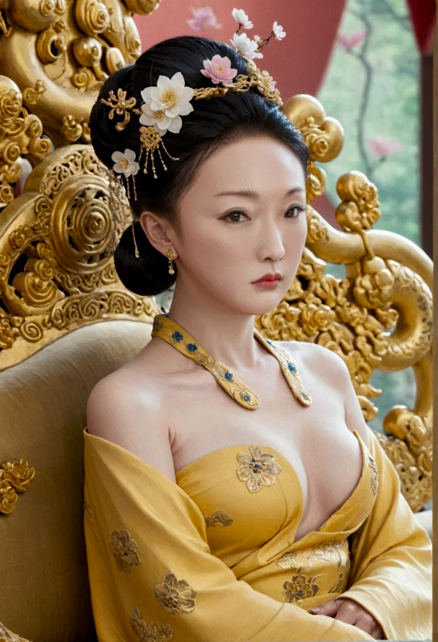 A nude statue of a woman from the Qing Dynasty. She is seated naked on a large golden sofa, Look straight ahead. Her breasts are big, Her hair is tightly bound, She is adorned with hairpins and flowers. The background and location are of a Chinese Empress. The story is set in the opulent rooms of the empress&#39;s palace in China during the Qing Dynasty.。.