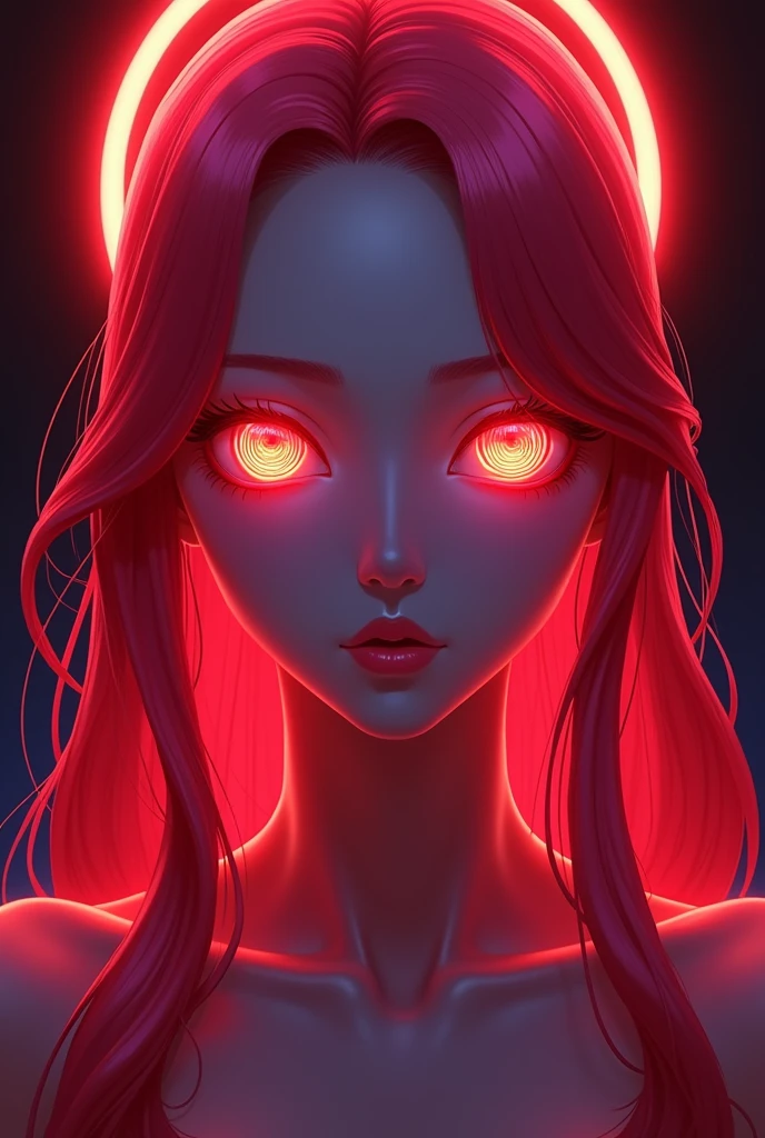 Makiman chaisaw man ,vivid neon lighting, glowing eyes, red and pink hues, ethereal halo, soft facial features, intense gaze, dark background, smooth textures, anime-inspired, futuristic portrait, radiant glow, otherworldly atmosphere, surrealism, sharp contrasts, minimalistic setting, digital painting,Neon glowing, hypnotic spirals in the eyes, with intense red and orange hues and a sharp gaze that has a vibrant shine. Soft, glossy lips with a subtle pink hue, slightly parted and plump, adding a smooth texture. The posture is straight and elegant, with the head slightly tilted upward, exuding confidence and command. The hair is long, sleek, and vibrant red-pink, with flowing strands and detailed highlights, creating soft waves. Flawless skin, illuminated by the neon glow, has a cool-toned, soft texture. Harsh red and pink neon lighting emphasizes strong contrasts and sharpens facial features.