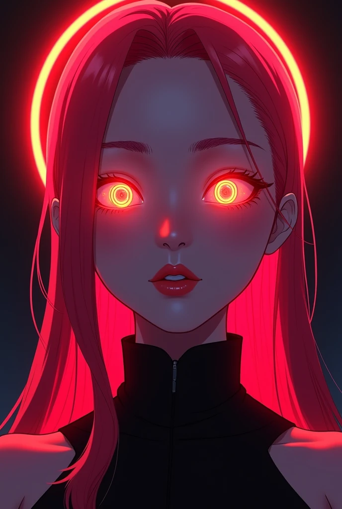 Makiman chaisaw man ,vivid neon lighting, glowing eyes, red and pink hues, ethereal halo, soft facial features, intense gaze, dark background, smooth textures, anime-inspired, futuristic portrait, radiant glow, otherworldly atmosphere, surrealism, sharp contrasts, minimalistic setting, digital painting,Neon glowing, hypnotic spirals in the eyes, with intense red and orange hues and a sharp gaze that has a vibrant shine. Soft, glossy lips with a subtle pink hue, slightly parted and plump, adding a smooth texture. The posture is straight and elegant, with the head slightly tilted upward, exuding confidence and command. The hair is long, sleek, and vibrant red-pink, with flowing strands and detailed highlights, creating soft waves. Flawless skin, illuminated by the neon glow, has a cool-toned, soft texture. Harsh red and pink neon lighting emphasizes strong contrasts and sharpens facial features.