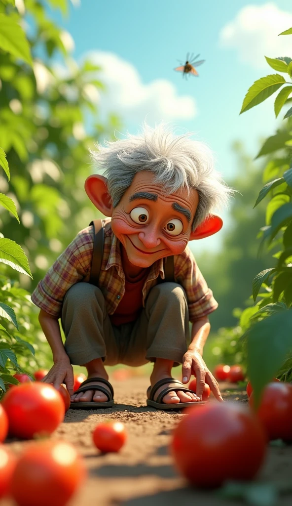 Uncle Tu is an old man, skinny with gray hair and tanned skin. He usually wears simple clothes like old shirts, long pants and sandals. Catching grasshoppers in the tomato garden
3D animation