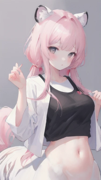 (best quality, masterpiece), 1 girl, centaur, I beg, White skin, Korean schoolgirl,daughter,black pink, exposing the abdomen, belly button t-shirt , beautiful girl perfect, White tiger photo, 완벽한 White tiger photo