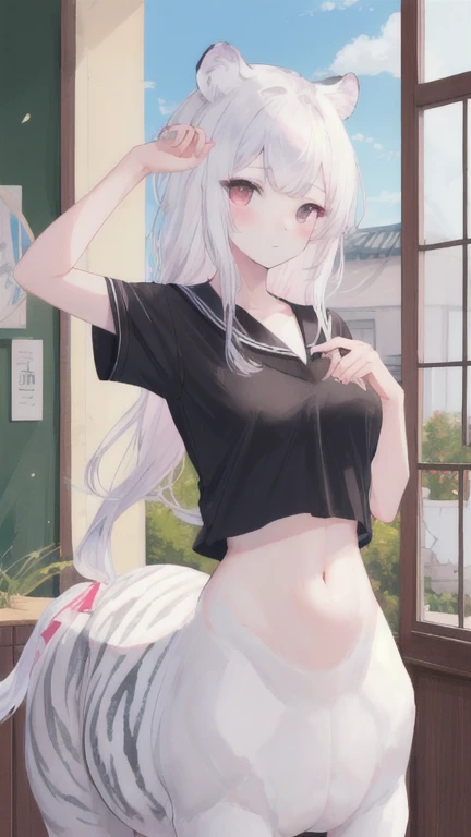 (best quality, masterpiece), 1 girl, centaur, I beg, White skin, Korean schoolgirl,daughter,black pink, exposing the abdomen, belly button t-shirt , beautiful girl perfect, White tiger photo, 완벽한 White tiger photo