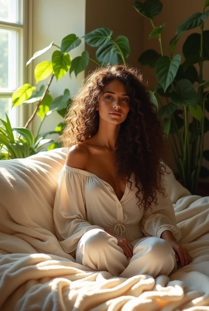 (photorealism:1.2), beautiful woman, sitting on bed, wearing loose off-shoulder top, pajama pants, long curly hair, indoors, soft lighting, plants in background, window with sunlight, cozy room, relaxed pose, realistic, intricate details, warm colors, by Greg Rutkowski, by Alphonse Mucha