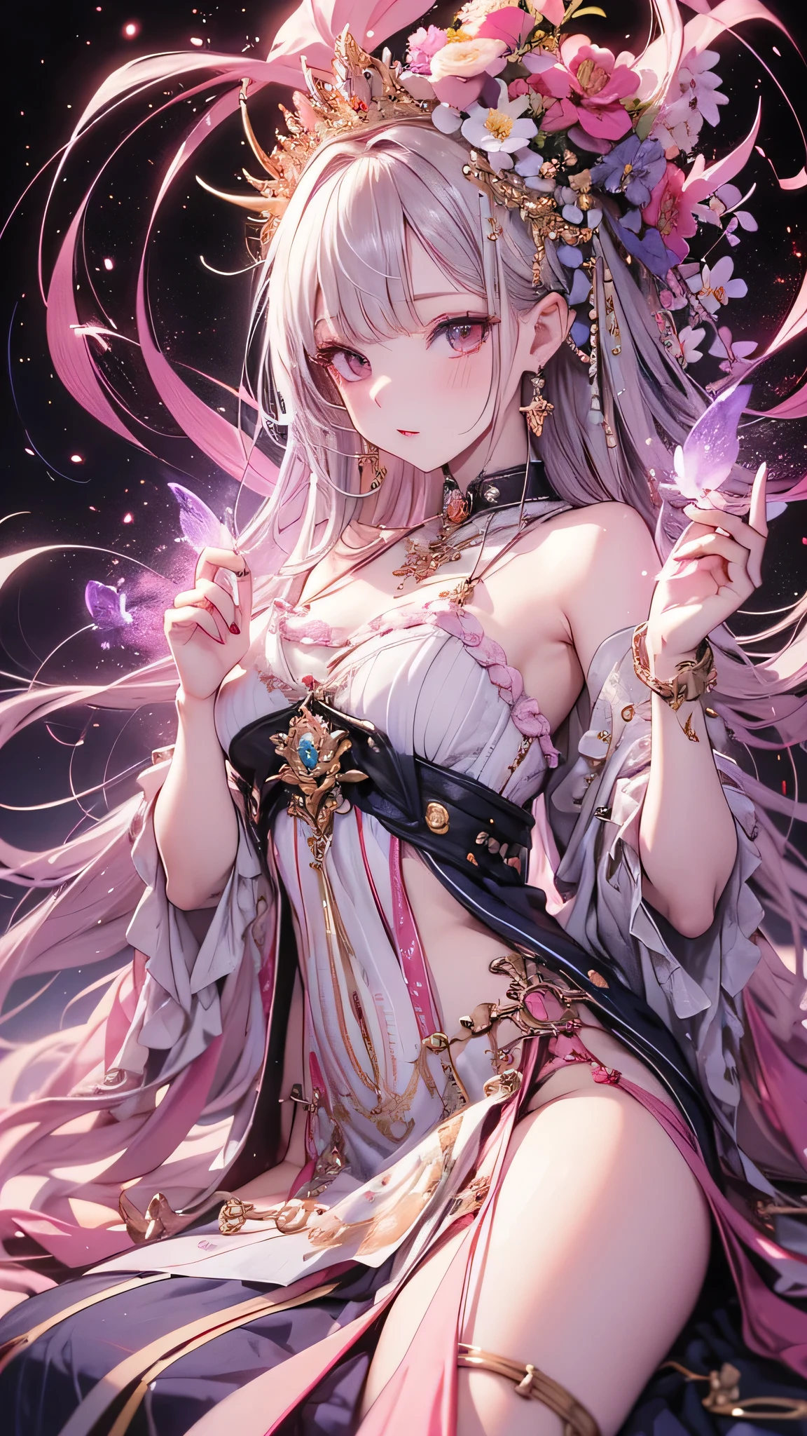 (masterpiece, Highest quality, Highest quality, Official Art, beautifully、aesthetic:1.2), (One beautiful woman:1.3), Very detailed,(Fractal Art:1.2),colorful,Most detailed,(Tangled:1.2), (Dynamic pose), (Abstract background:1.5), (Traditional Costume:1.2), (Glowing Skin), (Many colors:1.4), 