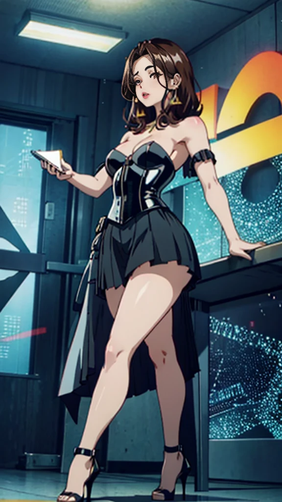 (gotou airi), long legs, thick thighs, narrow waist, wide hips, small waist, enormous hips, thick lips, lipstick, long eyelashes, long dark hair, thin toned body, cyber techno circuits, corset, biologic, translucent tight long skirt, luminescent, crystalline, sexy, platform heels, futuristic, holographic legwear, mature, detailed face, detailed body