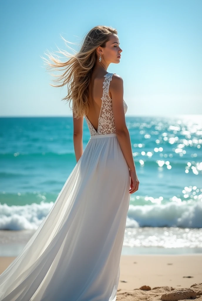 A girl in a long, form-fitting dress, front view, highest quality with fine details, against the backdrop of the sea.