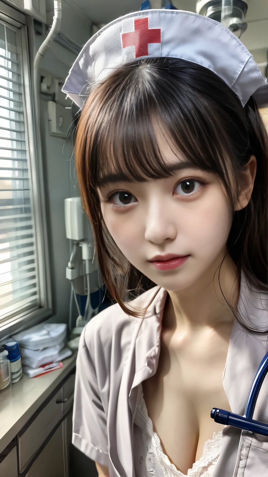 masterpiece, best quality, Super detailed, fine details, High resolution, 8K,wall paper, perfect dynamic composition,(Details High quality, realistic depiction of eyes:1.3), black hair color, Big Natural Color Lip,20 year old girl、cute type、ta、(korean Nurse:1.4)、(hospitals:1.2)、nighttime scene、Hospital Room、a bed、is standing, (white nurse uniform:1.3), some open shirts button