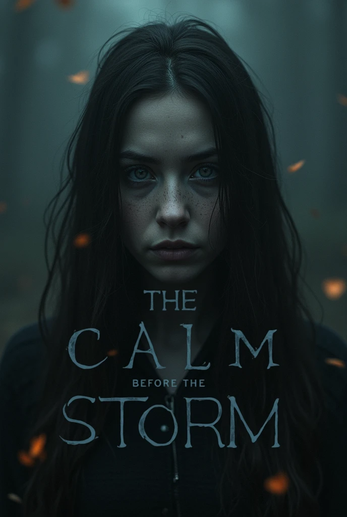A hauntingly beautiful portrait of a person with an eerily calm expression. The individual has piercing eyes that appear to be gazing into the depths of an abyss, evoking a sense of impending chaos. The background is a stark contrast of darkness, with fainter wisps of light flickering at the edges. The text 'The Calm Before the Storm' is prominently displayed, hinting at the turmoil yet to come, making it an ideal design for a striking poster., poster