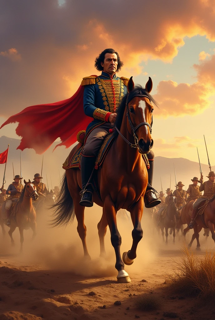 Create an image about the battle of Junin in the pampas of Chacamarca,with Simon Bolivar riding his horse during the battle.