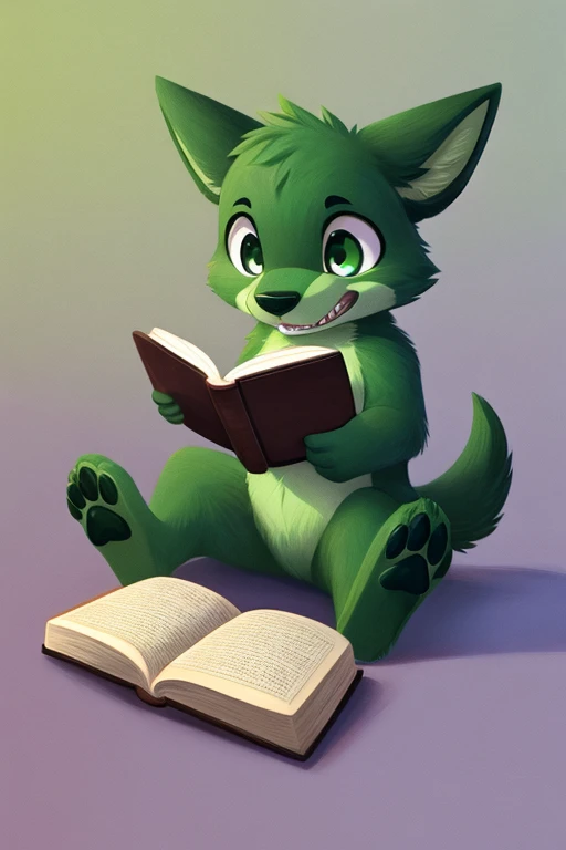 cute animal, green in color, long teeth, short tail. He's sitting in his paws holding a book