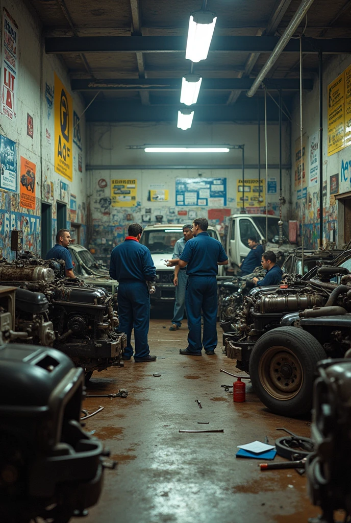 Create an image of the mechanics sector facing some common issues with equipment and vehicle maintenance and repair, which can often be complicated or expensive.
