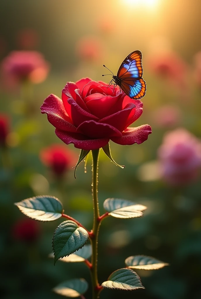 One single crimson rose, a butterfly, bathed in sunlight.