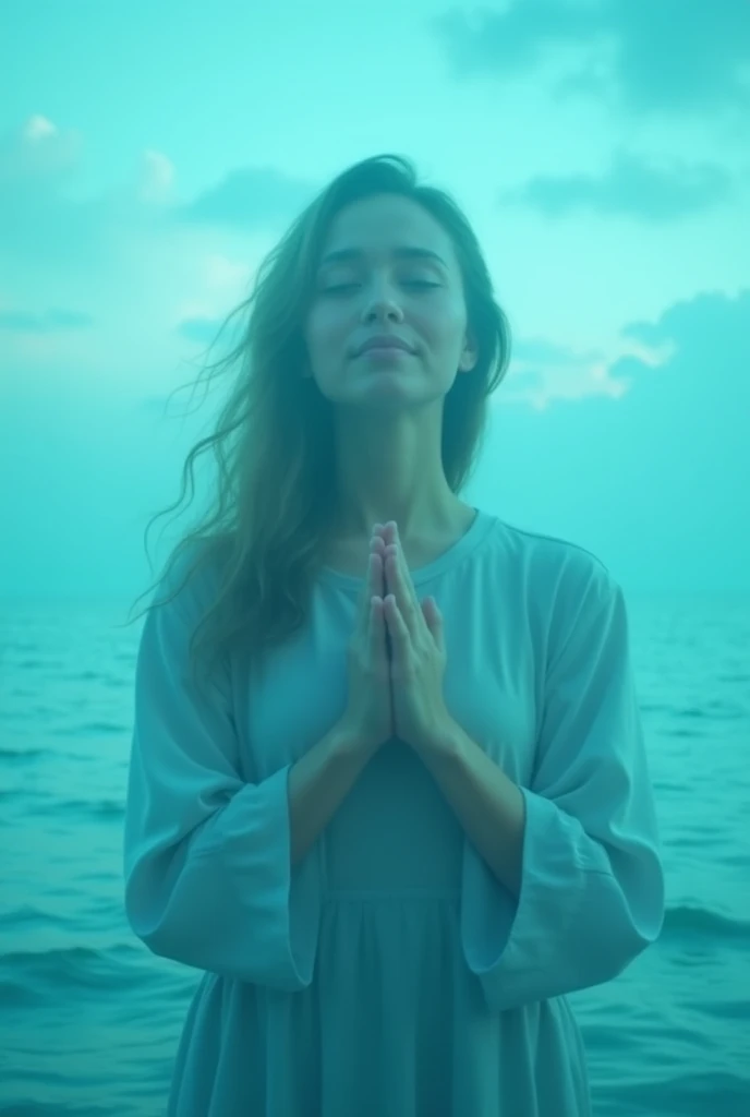 Cris the image of a person with two hands together as if in a prayer position, THANKING. The scenery around the people is turquoise blue.