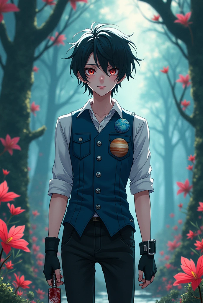 A age male is wearing a white shirt a blue vest with two pockets representing Neptune and Jupiter he is wearing black gothic pants with boots with buckles and a necklace with a silver Omega symbol black gloves gothic style he has black hair pale skin he has dark circles under his eyes it is very gothic style he is in Wonderland and is holding a kitchen knife his clothes are stained with blood as is the knife he is is a version of Wonderland the image has to be in anime