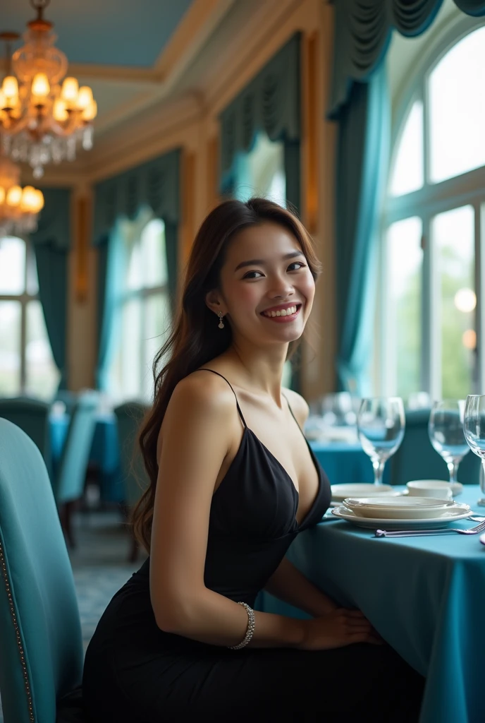 (masterpiece), (professional photo shoot), girl 20 years old, beautiful, model European appearance, smiling, happy, sits by the table, ((in a luxurious, opulent restaurant)), wearing a black evening dress, (Interior of a restaurant in light blue tones, a blue tablecloth on the table), Light from the window illuminates the girl, light composition, the image of the girl takes up 1/4th part of the image volume, show the luxury of the restaurant
