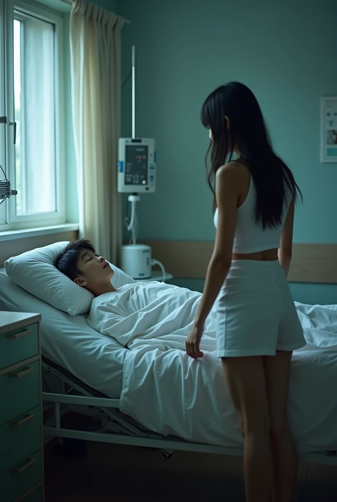 Japan boys at 15 years old。
Mad cow disease has affected his brain and he is bedridden。
Being cared for by a female nurse。
Bare feet。
She is wearing gym clothes and a short white skirt.。
Keep your eyes closed