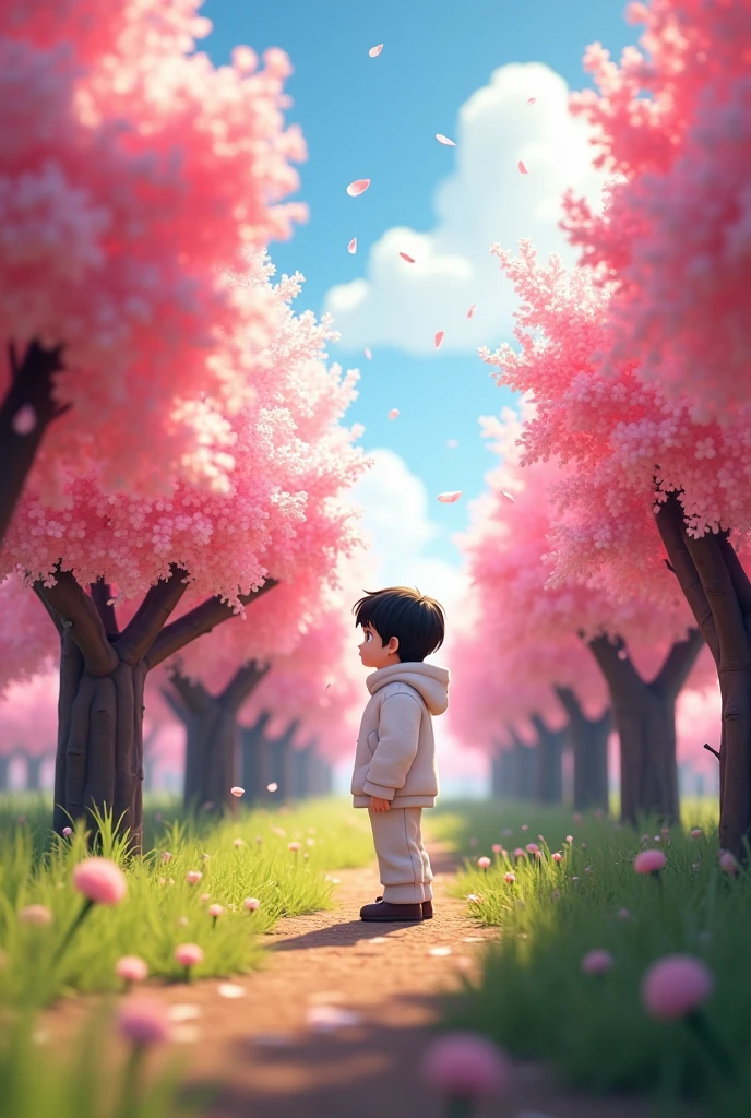 Make a beautiful minecraft realistic amine picture, The picture will be of a cherry orchard, there will be a 15-year-old boy in the garden, Wearing white winter clothes, hair will be black,